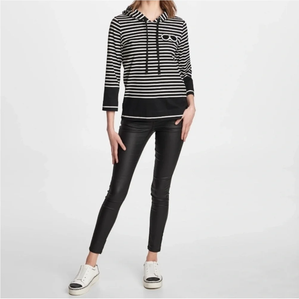 Karl Lagerfeld Striped Hoodie – XS – Iconic Sunglasses Embroidery – Super Soft!